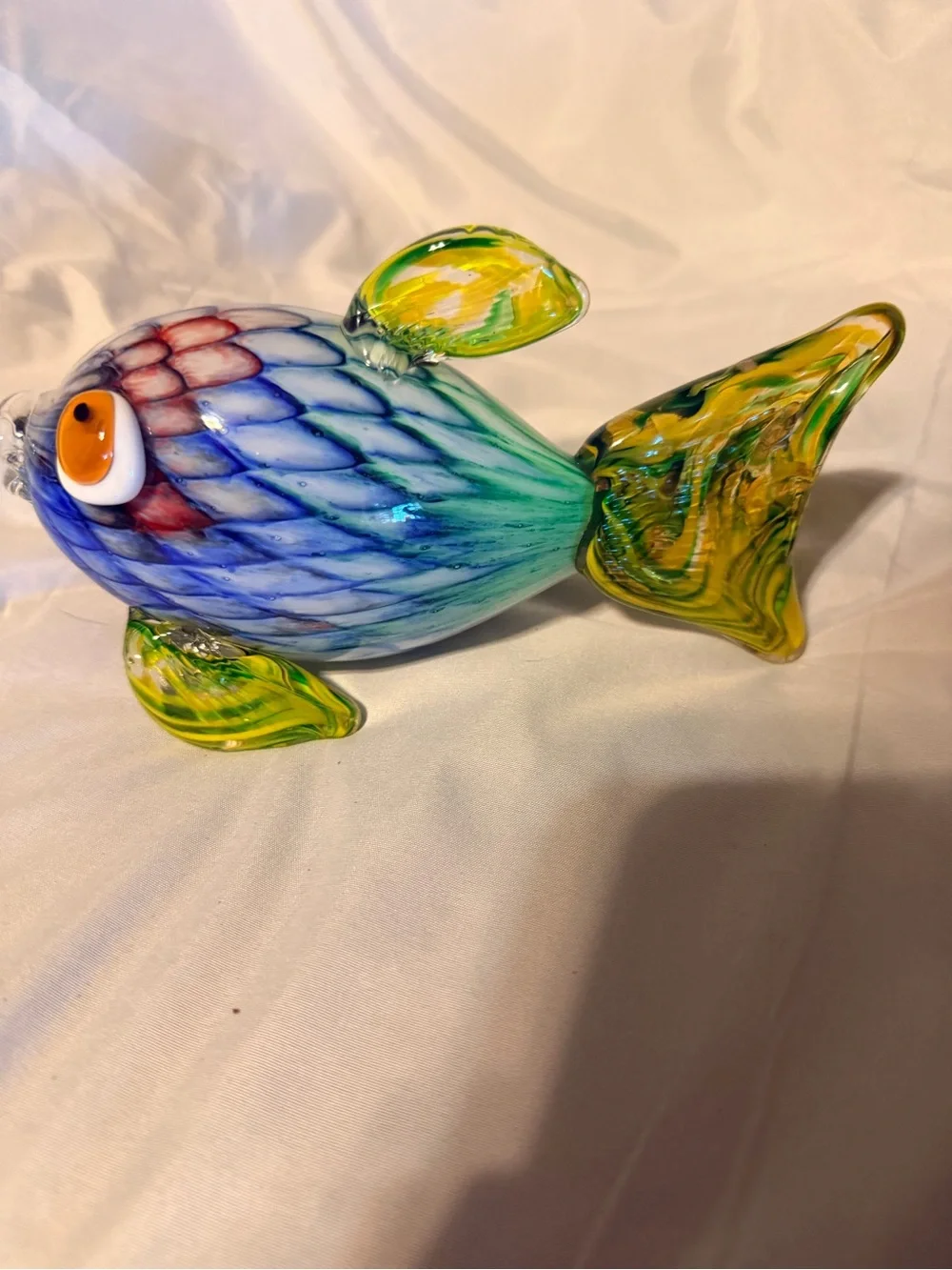 Handblown Art Glass Fish Figurine 9” Blue Green Yellow Coastal Ocean Decor